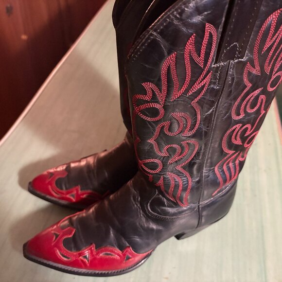 Vintage Womens J. Chisholm Black Red Western Cowgirl Boots  Size 8 M - Picture 1 of 13